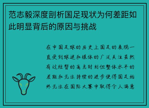 范志毅深度剖析国足现状为何差距如此明显背后的原因与挑战