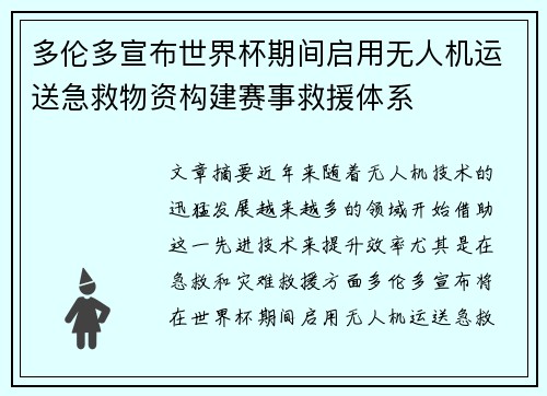 多伦多宣布世界杯期间启用无人机运送急救物资构建赛事救援体系